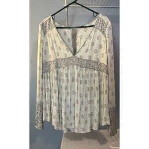 NWOT Free People Top Womens XS Rolling Hills Green Floral Tunic Long Bell Sleeve